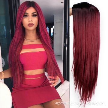 Vigorous Long Silky Straight Synthetic Wigs Middle Part Ombre Red Cospaly Daily Use Wigs For Women Wholesale Price